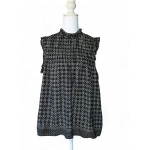 Max Studio London Black & White Geometric Sleeveless Ruffle Mock Neck Blouse NWT